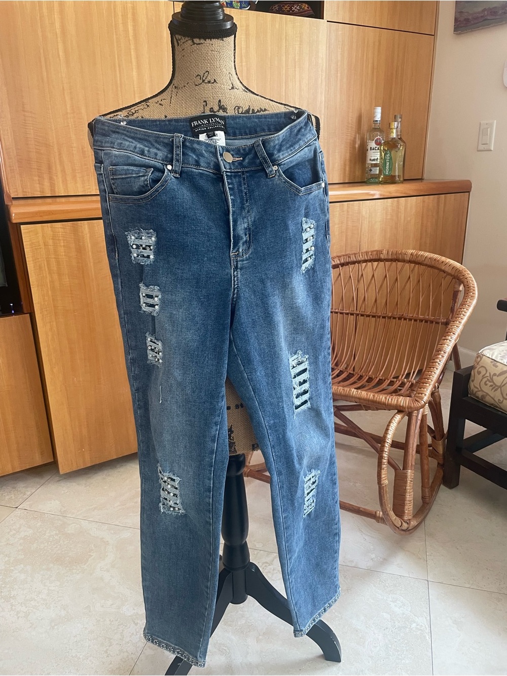 Frank Lyman Design Distressed Mid-Blue Boot Cut Jeans